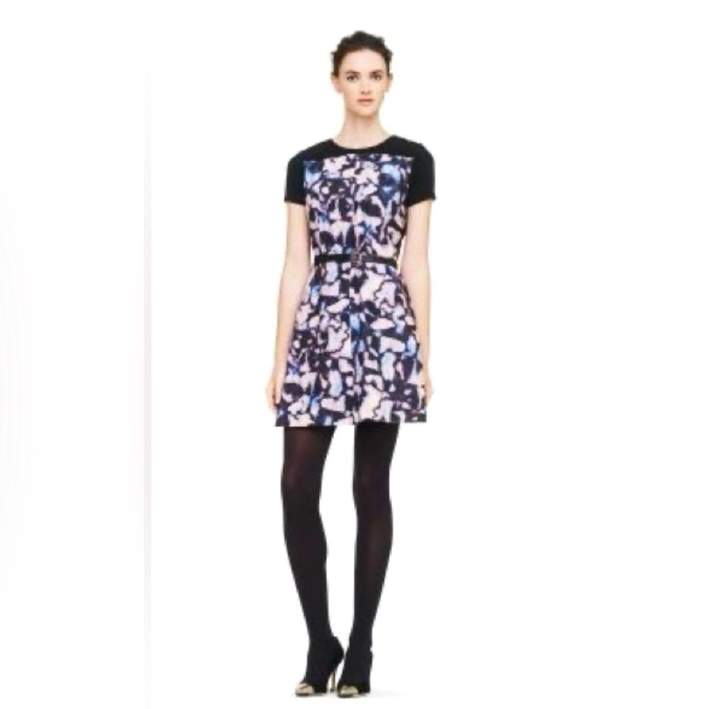 Short Sleeve Printed Fit & Flare Dress in Black and Pink